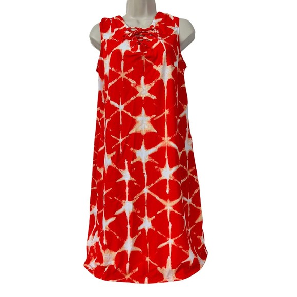 Denim & Co Beach Cover-Up Dress Lace-Up Neckline Red Shibori S Swim NWOT - Picture 2 of 10